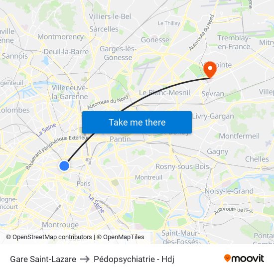 Gare Saint-Lazare to Pédopsychiatrie - Hdj map