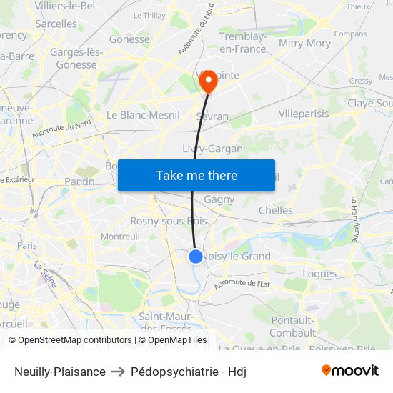 Neuilly-Plaisance to Pédopsychiatrie - Hdj map