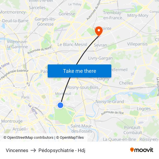Vincennes to Pédopsychiatrie - Hdj map