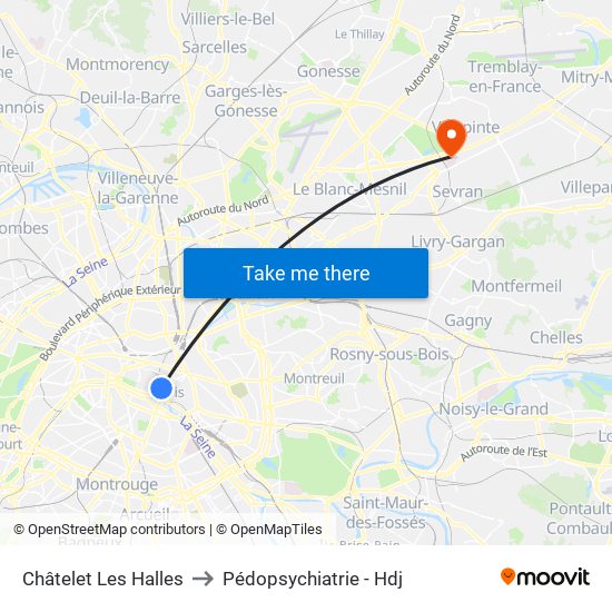 Châtelet Les Halles to Pédopsychiatrie - Hdj map