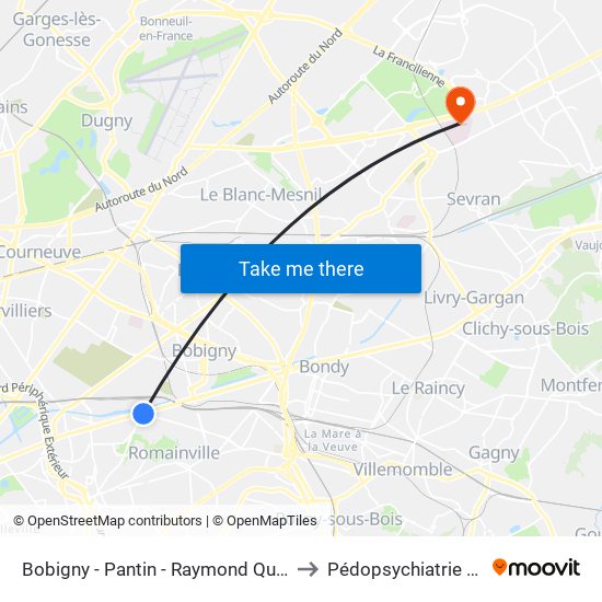 Bobigny - Pantin - Raymond Queneau to Pédopsychiatrie - Hdj map