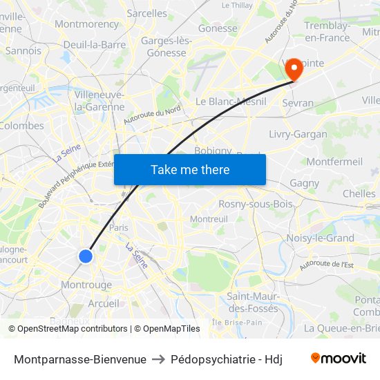 Montparnasse-Bienvenue to Pédopsychiatrie - Hdj map
