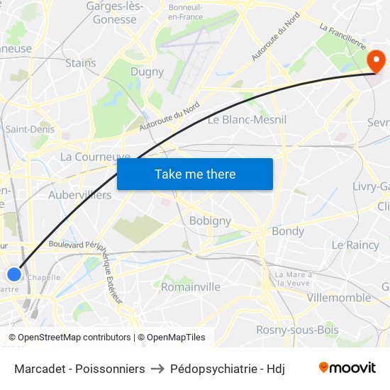 Marcadet - Poissonniers to Pédopsychiatrie - Hdj map