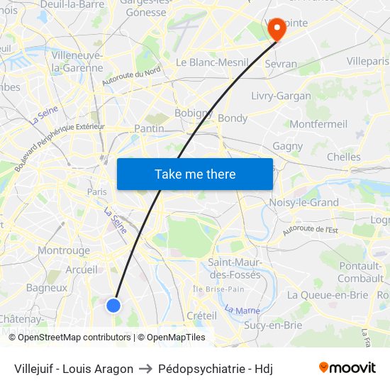 Villejuif - Louis Aragon to Pédopsychiatrie - Hdj map