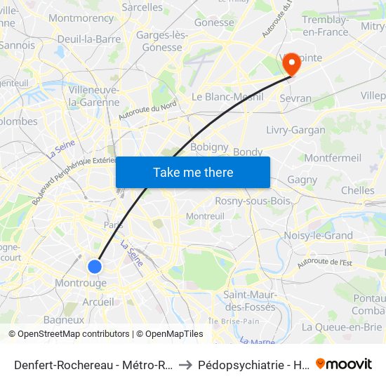 Denfert-Rochereau - Métro-Rer to Pédopsychiatrie - Hdj map