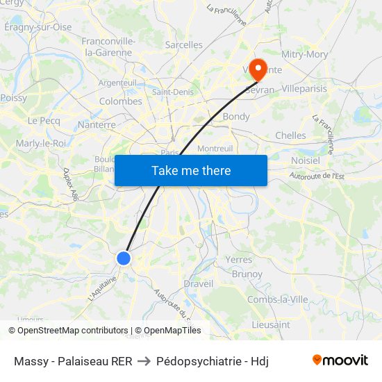 Massy - Palaiseau RER to Pédopsychiatrie - Hdj map