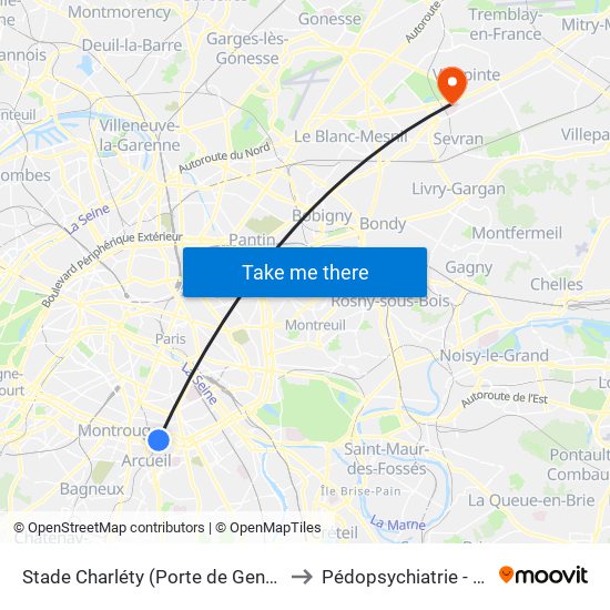 Stade Charléty (Porte de Gentilly) to Pédopsychiatrie - Hdj map