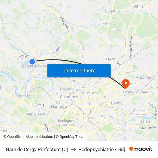 Gare de Cergy Préfecture (C) to Pédopsychiatrie - Hdj map