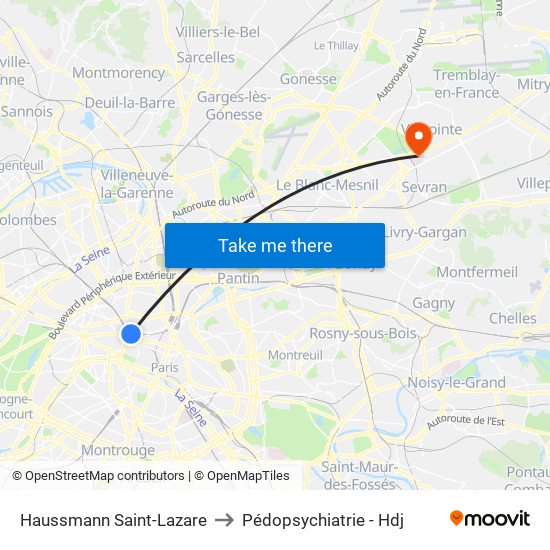 Haussmann Saint-Lazare to Pédopsychiatrie - Hdj map