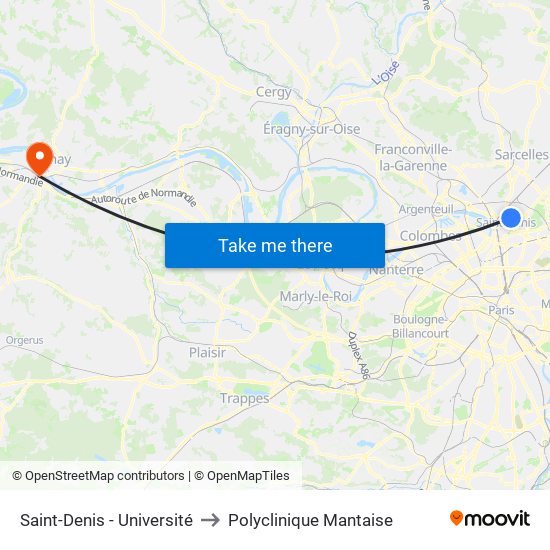 Saint-Denis - Université to Polyclinique Mantaise map
