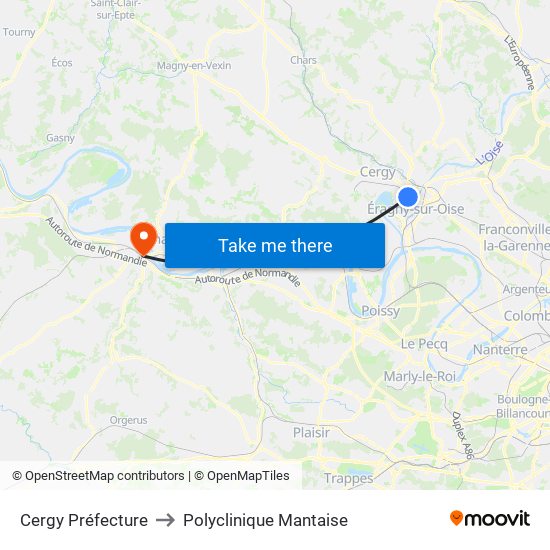 Cergy Préfecture to Polyclinique Mantaise map