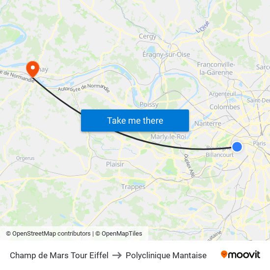 Champ de Mars Tour Eiffel to Polyclinique Mantaise map