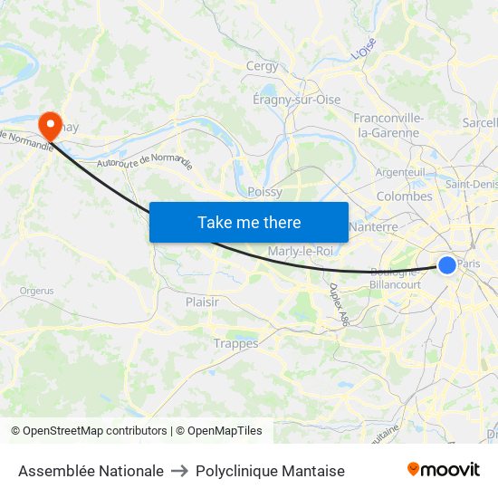 Assemblée Nationale to Polyclinique Mantaise map