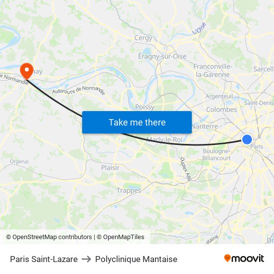 Paris Saint-Lazare to Polyclinique Mantaise map