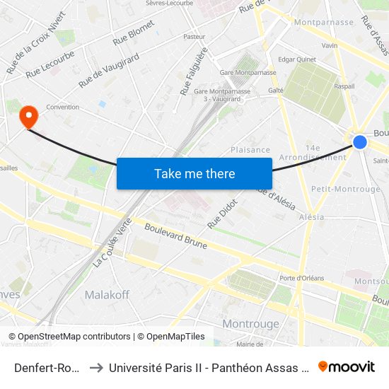 Denfert-Rochereau to Université Paris II - Panthéon Assas - Centre Vaugirard map