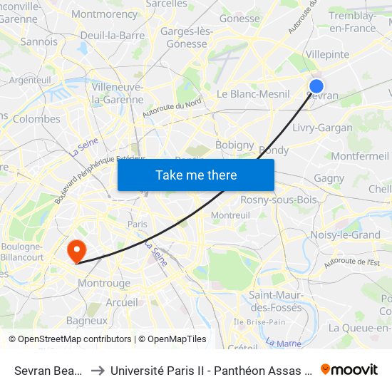Sevran Beaudottes to Université Paris II - Panthéon Assas - Centre Vaugirard map