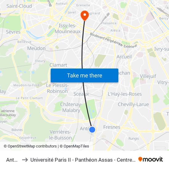 Antony to Université Paris II - Panthéon Assas - Centre Vaugirard map