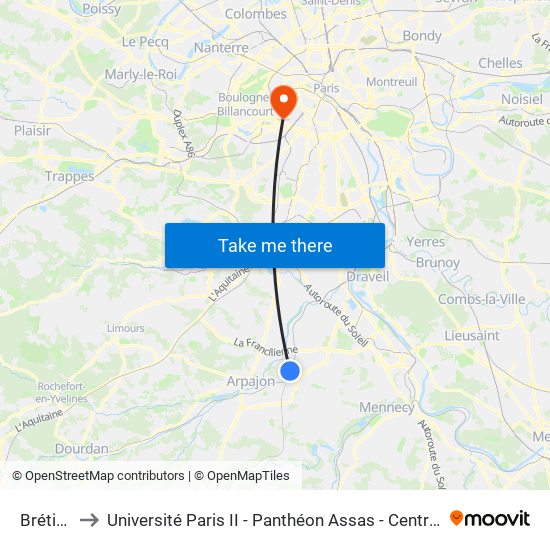 Brétigny to Université Paris II - Panthéon Assas - Centre Vaugirard map