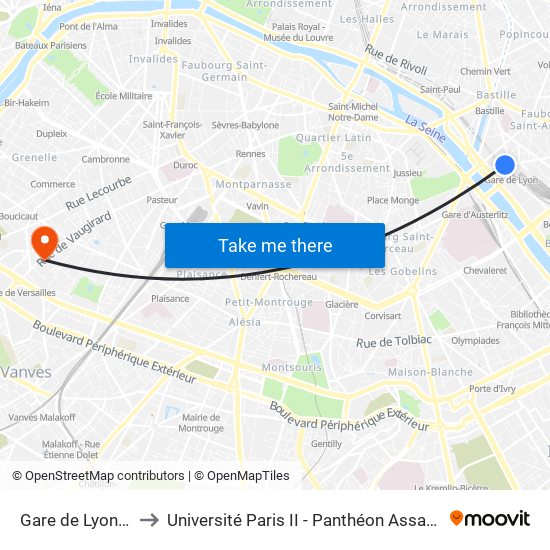 Gare de Lyon - Diderot to Université Paris II - Panthéon Assas - Centre Vaugirard map