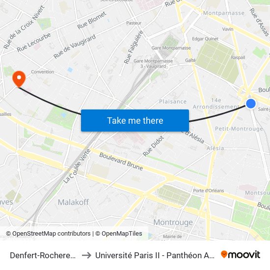 Denfert-Rochereau - Métro-Rer to Université Paris II - Panthéon Assas - Centre Vaugirard map