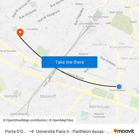 Porte D'Orléans to Université Paris II - Panthéon Assas - Centre Vaugirard map