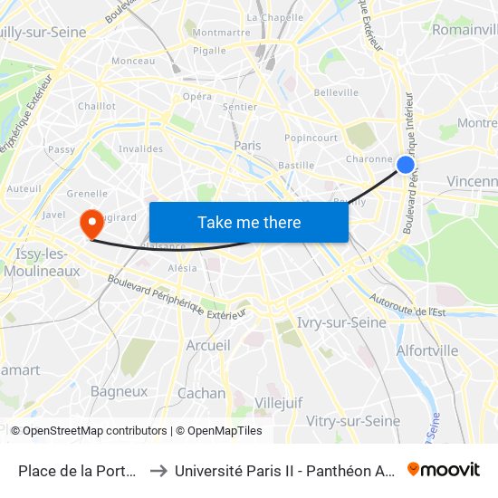Place de la Porte de Montreuil to Université Paris II - Panthéon Assas - Centre Vaugirard map