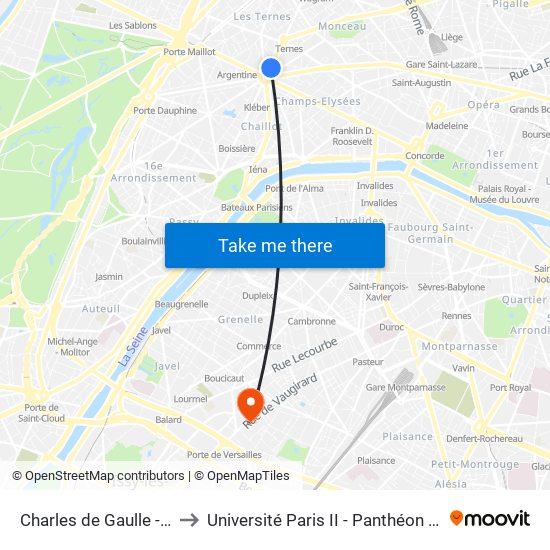 Charles de Gaulle - Étoile - Wagram to Université Paris II - Panthéon Assas - Centre Vaugirard map