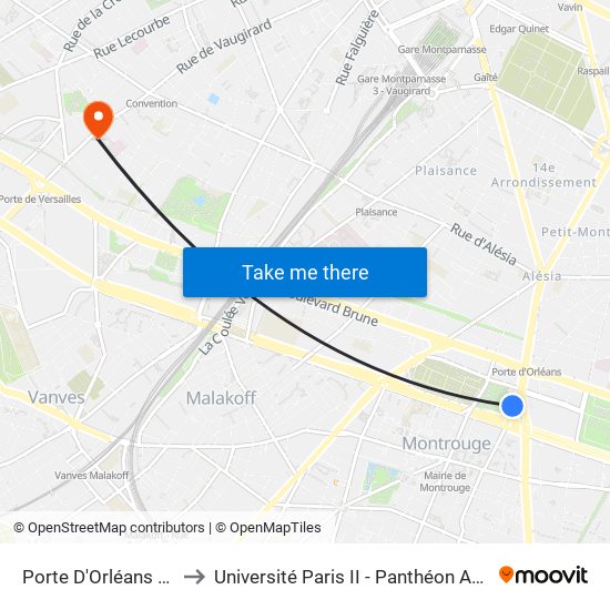 Porte D'Orléans - Ernest Reyer to Université Paris II - Panthéon Assas - Centre Vaugirard map