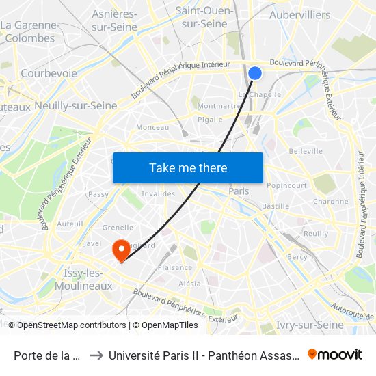 Porte de la Chapelle to Université Paris II - Panthéon Assas - Centre Vaugirard map