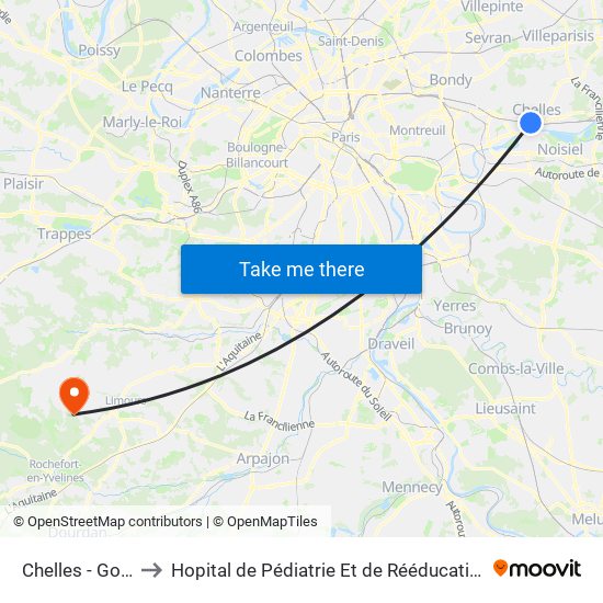 Chelles - Gournay to Hopital de Pédiatrie Et de Rééducation de Bullion map