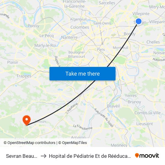 Sevran Beaudottes to Hopital de Pédiatrie Et de Rééducation de Bullion map