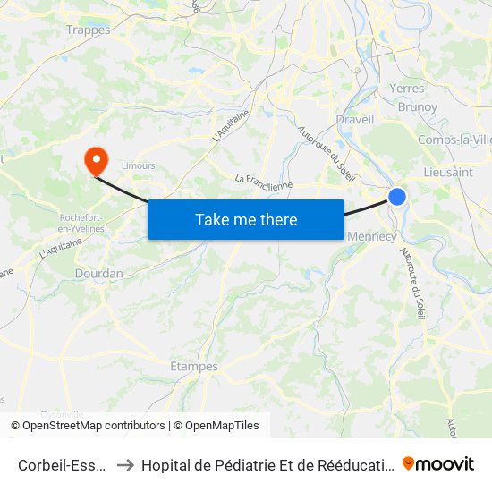 Corbeil-Essonnes to Hopital de Pédiatrie Et de Rééducation de Bullion map