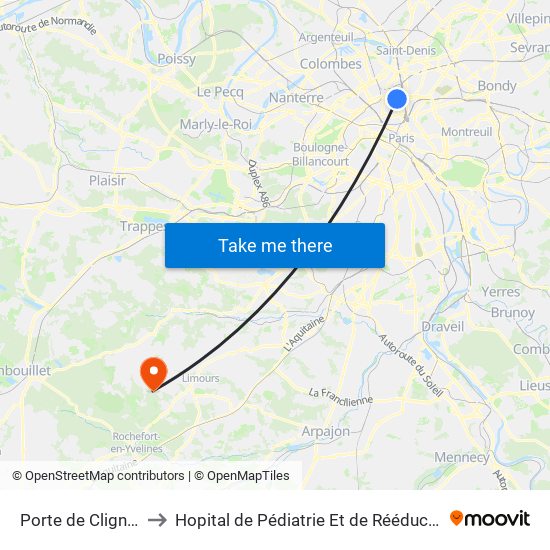 Porte de Clignancourt to Hopital de Pédiatrie Et de Rééducation de Bullion map