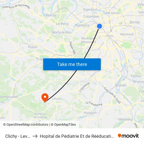 Clichy - Levallois to Hopital de Pédiatrie Et de Rééducation de Bullion map