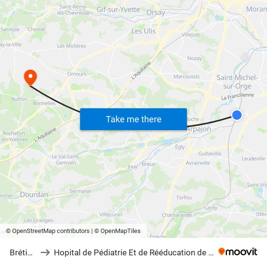 Brétigny to Hopital de Pédiatrie Et de Rééducation de Bullion map