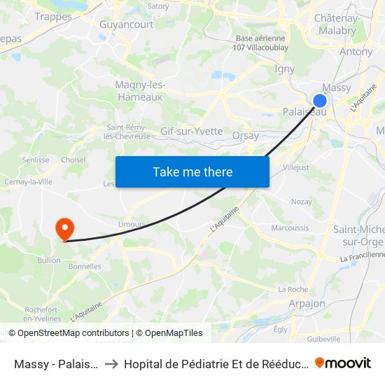 Massy - Palaiseau RER to Hopital de Pédiatrie Et de Rééducation de Bullion map