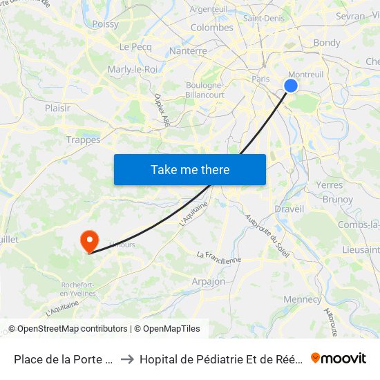 Place de la Porte de Montreuil to Hopital de Pédiatrie Et de Rééducation de Bullion map