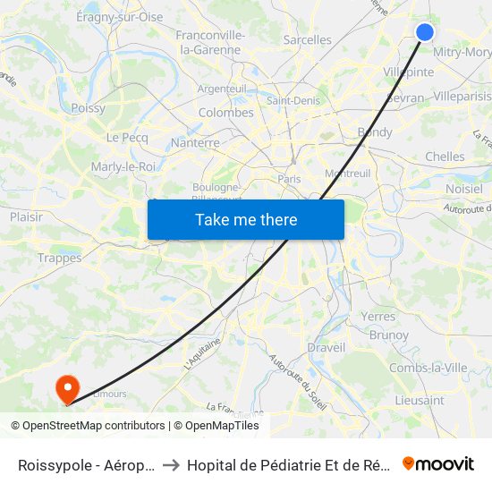 Roissypole - Aéroport Cdg1 (E2) to Hopital de Pédiatrie Et de Rééducation de Bullion map