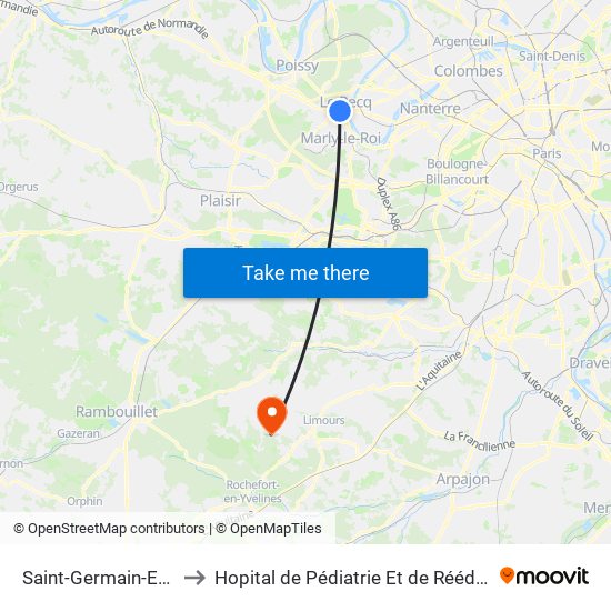 Saint-Germain-En-Laye RER to Hopital de Pédiatrie Et de Rééducation de Bullion map