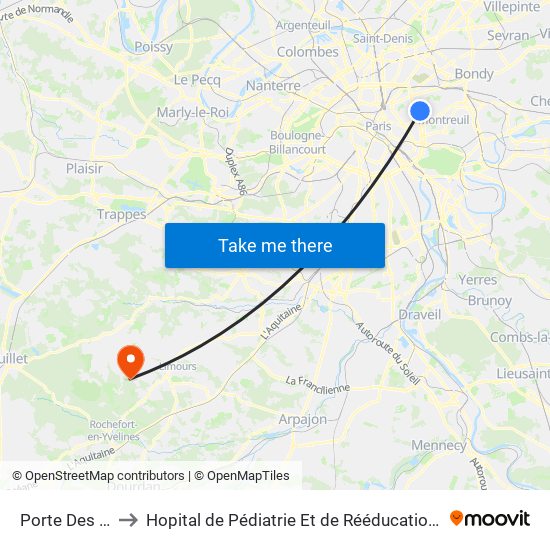 Porte Des Lilas to Hopital de Pédiatrie Et de Rééducation de Bullion map