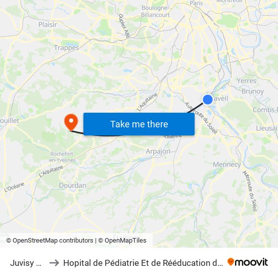 Juvisy RER to Hopital de Pédiatrie Et de Rééducation de Bullion map