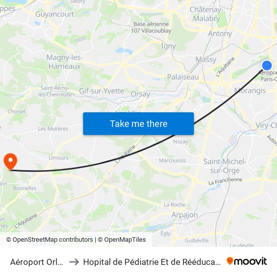 Aéroport Orly 1-2-3 to Hopital de Pédiatrie Et de Rééducation de Bullion map