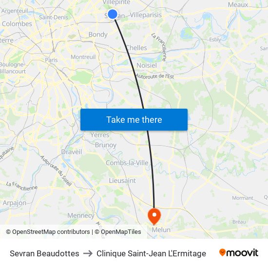 Sevran Beaudottes to Clinique Saint-Jean L'Ermitage map