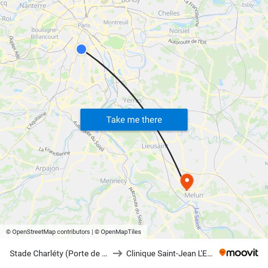 Stade Charléty (Porte de Gentilly) to Clinique Saint-Jean L'Ermitage map
