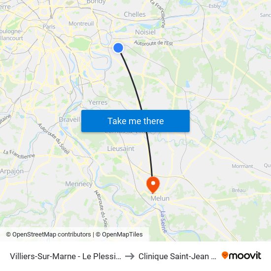 Villiers-Sur-Marne - Le Plessis-Trévise RER to Clinique Saint-Jean L'Ermitage map