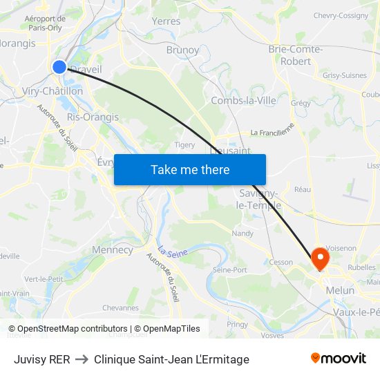 Juvisy RER to Clinique Saint-Jean L'Ermitage map