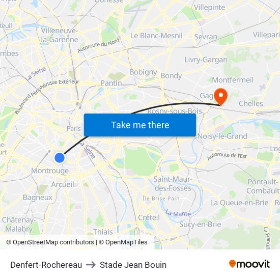 Denfert-Rochereau to Stade Jean Bouin map