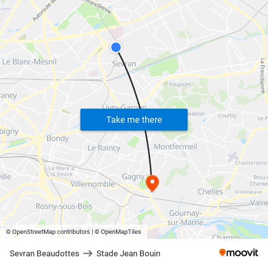 Sevran Beaudottes to Stade Jean Bouin map