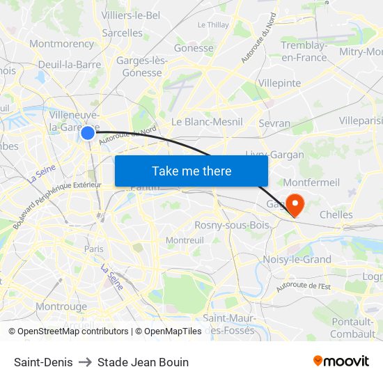 Saint-Denis to Stade Jean Bouin map