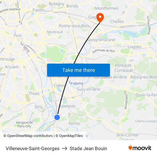 Villeneuve-Saint-Georges to Stade Jean Bouin map
